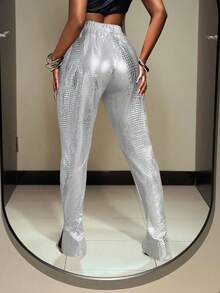 Slaydiva 2025 Höst- och vinternytt street casual smalt vinrött PU-texturerat tyg hög midja lugg dambyxor, lämpliga för fester, rave-outfits, halloweenkläder, julkläder, utekvällar, klubbkläder kvinnor sexiga, brunchkläder för kvinnor-A - Silver - Visa 2