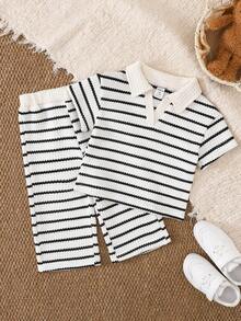 2pcs/Set Baby Girls' Fashion Casual Classic Striped Polo Collar Short Sleeve Top And Pants Set, Suitable For Spring/Summer, Home, Outdoor, Vacation, Daily Wear