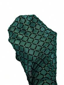 Reflora Vestido de manga larga con cuello redondo y contraste de malla, elegante y de talla grande, para otoño - Verde Oscuro - Ver 3