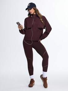 Eassivo Eassivo Women's Wine Red Hooded Windbreaker Jacket, Loose Fit Utility Outerwear, Flap Pocket Detail, Zipper Closure, Sports Street Style, Athleisure Lightweight Jacket - Red - View 5