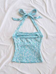 SHEIN WYWH Áo ba lỗ dệt kim ôm sát cổ yếm màu xanh dành cho nữ - Màu xanh nhạt - Xem 2