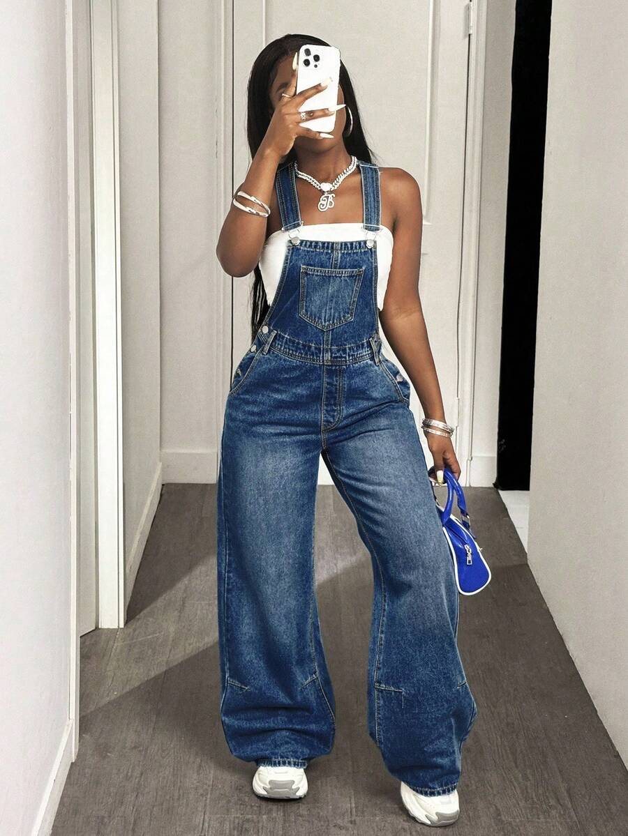 Slaydiva 女士休闲水洗宽松牛仔背带裤 - 中等水洗藍 - 查看 1