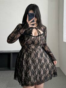 Vibekara 大码蕾丝透视扭结镂空性感长袖系带连衣裙 - 棕色 - 查看 7