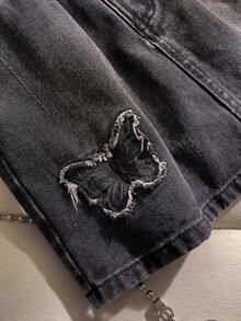 Elladie kids 少女牛仔裙，黑色和灰色蝴蝶结设计A字宽松牛仔裙