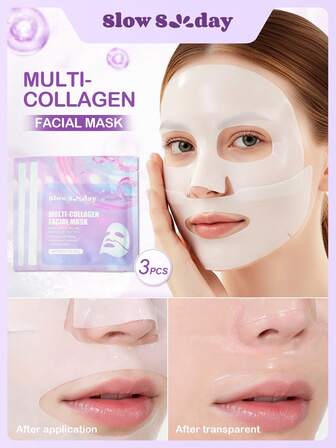 Mascarilla facial de multicolágeno SlowSunday, 3 piezas, mascarilla de colágeno coreana, mascarilla de colágeno en gelatina, hidratación profunda, mejora la elasticidad, suaviza la piel, fórmula vegana, sin alcohol y sin fragancia, K-Beauty, ideal para todo tipo de pieles, para otoño, excelente para citas, cumpleaños, aniversario u ocasiones especiales, para Navidad, fiestas navideñas, regalo de Navidad