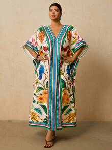 Travachic Đầm Kaftan họa tiết hình học cổ chữ V tay cánh dơi dáng rộng thoải mái cho nữ đi nghỉ mát cỡ lớn - Nhiều màu - Xem 6