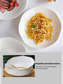 4pcs 8-Inch Wavy Rim Ceramic Salad Plates, Solid White Minimalist Style, Suitable For Home Dining, Easy To Clean And Stack - White - View 11