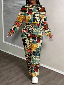 Slaydiva Bộ đồ thể thao 2 món phong cách đường phố retro thường ngày cỡ lớn dành cho nữ, phù hợp cho mùa thu/đông, họa tiết thời trang đường phố - Nhiều màu - Xem 6