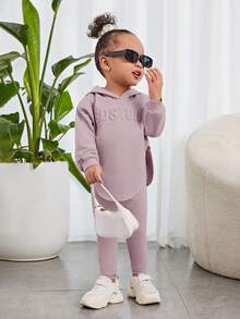 Bubblio Bộ áo dài tay có mũ trùm đầu màu xanh lá cây nổi giản dị cho bé gái sơ sinh và bộ quần bó sát - Bụi tím - Xem 4