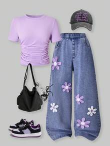 SHEIN ChillGRL Bộ 2 áo thun xếp ly thường ngày và quần jean ống đứng kèm quần thêu 3D cho bé gái - Nhiều màu - Xem 1