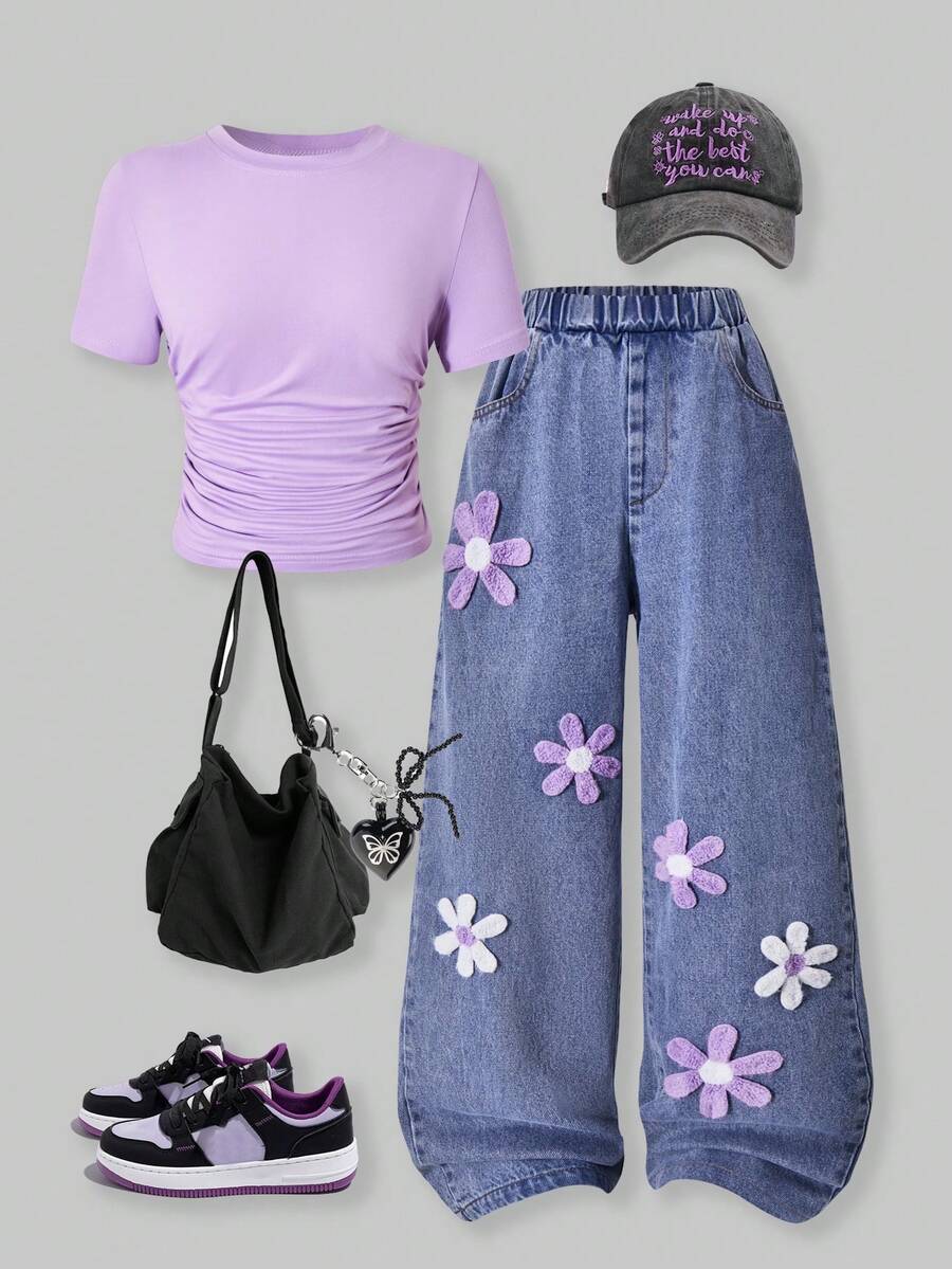 SHEIN ChillGRL Bộ 2 áo thun xếp ly thường ngày và quần jean ống đứng kèm quần thêu 3D cho bé gái - Nhiều màu - Xem 1