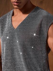 AKNOTIC Men's Fashion Casual Vest Gun Sequin Top Men Rhinestone Top Men Sparkly Top Men Men Crochet Top Twilight Knit Top Men - Black - View 1