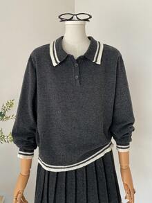 SHEIN Unity Suéter feminino de lã com gola alta e mangas compridas, estilo retrô universitário, casual e confortável para uso diário, volta às aulas, chá da tarde e outono. - Cinza escuro - Ver 3