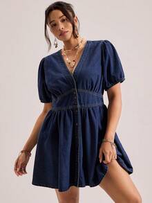 Freevana Plus Size Women V-Neck Bubble Short Sleeve Fitted Waist Dress,Valentine's Day,Mini A-Line Dress,Puff Sleeve Dress,Waist Tie Dress,Lightweight Denim Fabric,Vacation Denim Dress,Travel Outfit Dress,Boho Denim Dress,Resort Style Dress,Island Vacation Outfit,Island Vacation Outfit,French Vintage Dress,Spring Break Outfit,Spring Break Outfit,Holiday Travel Outfit,Button Front Denim Dress,Waist Tie Dress,Cute Date Dress,Tea Time Outfit Dress,Vacation A-Line Dress,Date Dress,Date Dress,Summer,Carnival,Beach,Party,Elegant Party Dress,Going Out - Blue - View 6