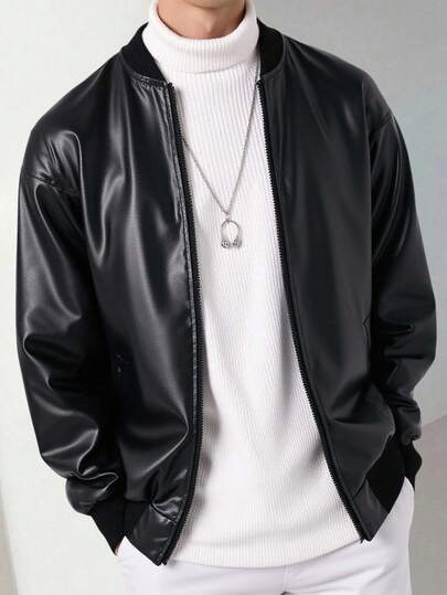 SHEIN Teen Boys' Casual Comfortable Solid Color Jacket, Fashionable And Stylish Fall Autumn And Winter Casual College Style, Comfortable, Fashionable, Versatile, Soft Fabric, Suitable For Daily, Back To School, Outdoor Black Jacket Zipper Kids Bomber Jacket Boys Teen Boy Plain Varsity Jackets Letterman Jacket