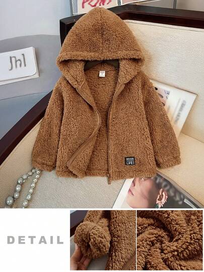 Ropa de otoño/invierno para niños. Chaqueta casual de franela cálida y suelta con bordado de letra en unicolor para niña joven. Ideal para uso casual, diario y escolar en otoño/invierno.