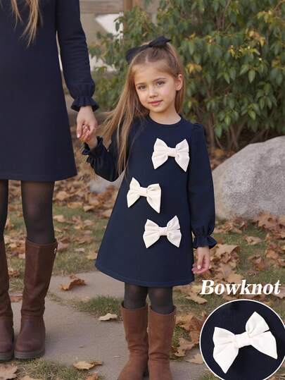 Emery Rose Kids Emery Rose Kids Young Girl Casual Round Neck Dress With Bow Decor, Autumn Bow Clothes Kids Girls Navy Blue School Dress Long Sleeve Bows On Clothes Party Dress For Young Girls In Autumn And Winter Girls Navy Blue Long Sleeve Dress With Cream Bows Cute A-Line Bowknot Dresses For Young Girls Autumn Winter Clothing
