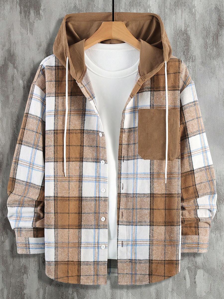Manfinity Homme Men's Comfortable Plaid Hooded Long Sleeve Single Pocket Wool Shirt, Casual For Autumn/Winter, Suitable For Vacation, Party, Office, Dating, Simple And Versatile Men Shirts Streetwear Men Shacket Men Flannels Mens Layered Shirts