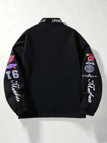 PAVTROS Manfinity Streetrush Men's Fashionable Printed Long Sleeve Jacket Outerwear Sports Jacket Zip Up Jacket Graphic Jacket Racing Jacket Sportswear Jacket, 2000s Style,Fall - Black - View 2