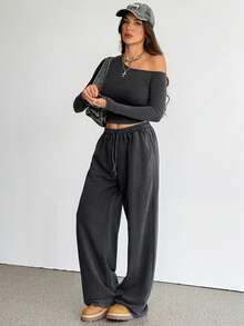SHEIN Tall Bộ 2 món dành cho nữ, mùa xuân hè, kiểu dáng đơn giản, màu trơn, áo croptop tay dài lệch vai và quần ống rộng có dây rút eo. - màu đen - Xem 6