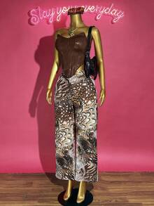 Slaydiva Women Two Pieces Set Chic Summer Night Out Club All Shades Of Brown Textured PU Tube Top Vest + High Waist Wide Leg Printed Trousers Birthday Outfit - Multicolor - View 3