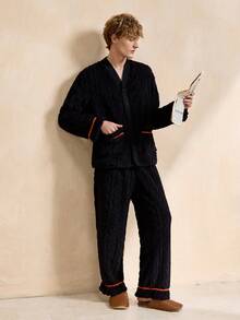EverLounge Men's Fleece Front Button Long Sleeve Top And Pants Pajama Set - Multicolor - View 5