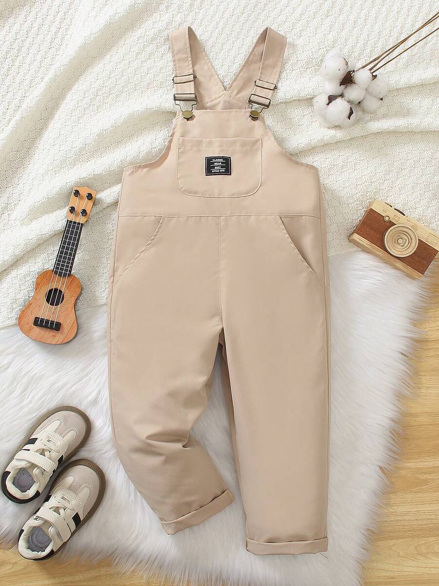 Genkimix Kids Young Boy Casual Letter Patchwork Pocket Adjustable Strap Jumpsuit, Suitable For School, Outing, Play, Vacation, Etc.