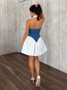 SHEIN PETITE Women's Ruched Deep V-Neck Denim Dress - Blue - View 2