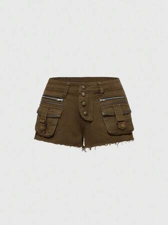 Hippie Pantaloncini di jeans marroni a vita bassa in stile retrò Y2K con patchwork in PU per taglie forti