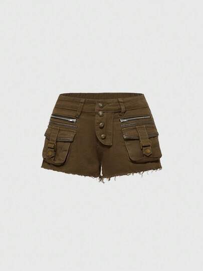 Hippie Große Größen Y2K Retro Patchwork PU Damen Jeans Shorts mit niedriger Taille in Braun