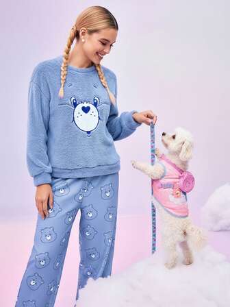 SHEIN X Care Bears Dampyjamasset med tecknad broderi och luddiga byxor, höst-/vinterkläder, fluffigt och mysigt