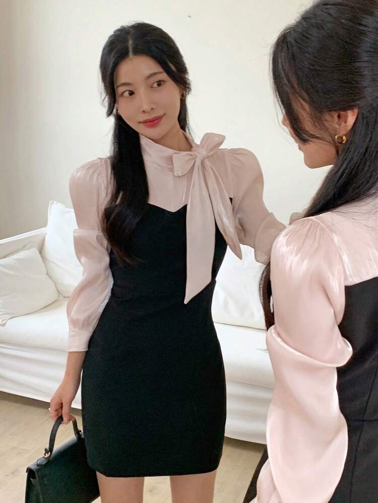 Women's Patchwork Contrast Color Bow Tie Short Sleeve Mini Dress Sundress