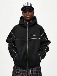 ROMWE MEN Prep Sudadera con capucha casual con cremallera y rayas de contraste para hombres - Negro - Ver 6