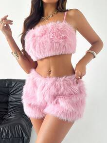 SHEIN 性感毛绒女士睡衣套装，蓬松冬装 - 粉色 - 查看 1