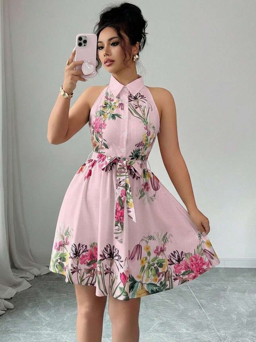 Elenzga Vestido corto sin mangas con estampado floral y cinturón, adecuado para vacaciones de verano - Multicolor - Ver 1
