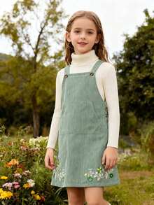 Emery Rose Kids Emery Rose Kids Tween Girls Embroidered Casual French Country Style Pinafore Dress, Green Dress 2 Piece Girls Shirt Set Green Girls Spring And Autumn Dress Girl Sage Green Flower Dress 2pcs Set Toddler Girls Cute Vintage Style Autumn And Winter Young Girls Dressse Corduroy Overall Dress Young Girls Autumn And Winter Girls Dress Chic Burgundy Corduroy Girl Dress With Ruffle Pocket Detail For Fall And Winter Infant Outfits Autumn And Winter Young Girls Dressse Girl S Spring And Autumn Dress - Green - View 3