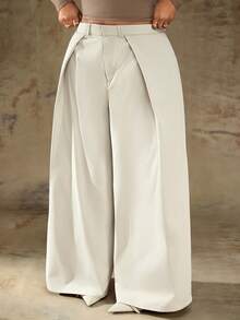 Truni 大码女式纯色褶皱休闲宽松阔腿裤高腰裤，适合梨形三角身材/2026/新年 - 卡其色 - 查看 6