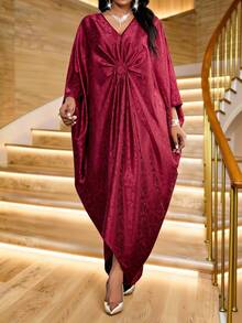 SHEIN Lady 生日派对礼服，加大码V领短袖简约亮面开衩长款休闲连衣裙，女士秋季服装，金色，酒红色连衣裙。 - 紅色 - 查看 6