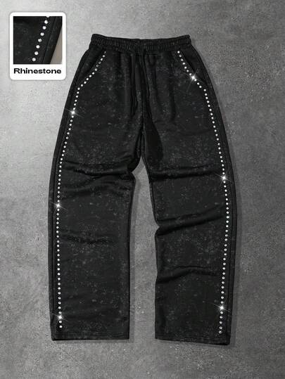 Lässige, weite Herren Jogginghose mit Strass-Verzierung und Kordelzug