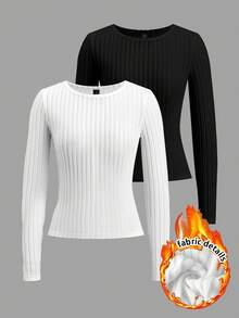 SHEIN LUNE 2 Stücke Damen Langarm Thermo-Pullover Set mit geripptem Strick - Vielseitig einsetzbar für Herbst/Winter, zum Tragen drinnen/Outdoor, Soft Girl, Vintage, Old Money Stil, Sport, Ausflüge & als Geschenk - Verschiedenfarbig - Übersicht 2