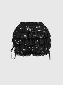 ROMWE Kawaii Spring/SummergraphicCute Lace Patchwork Musical Note Women Shorts - Black - View 2