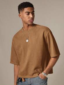 SWAVVY Men's Knitted Casual Loose Fit Numeric Embroidery Short Sleeve T-Shirt - Khaki - View 2