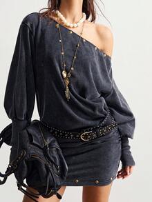Bohemela Rochie mini casual din tricot, cu umeri asimetrici, în culoarea unui singur material, pentru femei - Negru - Vizualizare 8