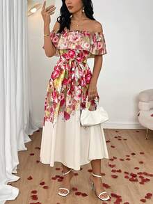 SHEIN Raffinéa Vestido de festa/coquetel elegante, romântico e luxuoso com ombros à mostra, cintura marcada e barra evasê. Ideal para mulheres.