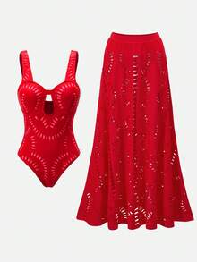 Swim Oasis 女士优雅刺绣红色裙装套装，搭配长裙 - 紅色 - 查看 1