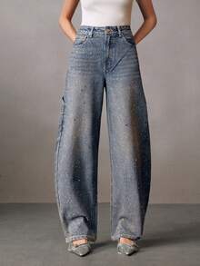 Anewsta Women's Pocket Button Casual Versatile Rhinestone Flared Leg Jeans - Blue - View 3