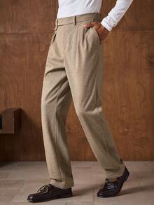 AKNOTIC Business Casual Men's Pleated Pocket Casual Formal Office Commute Wool Blend Trousers - Coffee Brown - View 4