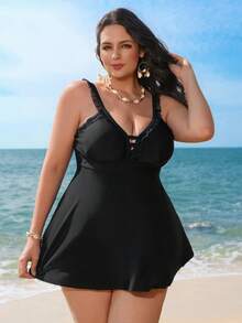 SHEIN Swim Lushore Plus Size Women's New Solid Color Two Pieces Swimsuit, Adjustable Straps, Removable Pads, Sexy Hollow-Out Chest, Elegant Frill Trim High-Waisted Triangle Bottoms, Casual Fashionable Beach Vacation Swimwear - Black - View 3