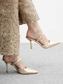 CUCCOO BIZCHIC 女士尖头搭扣设计时尚日常百搭高跟穆勒鞋 - 金色 - 查看 5