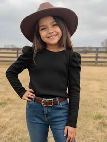 Emery Rose Kids Emery Rose Kids 少女修身复古羊腿袖高领T恤，运动风，适合秋冬季休闲日常穿着及上学，酷炫街头风，日常穿着，上学穿着，Y2K女孩风格，休闲可爱，姐妹装，母女装，黑色长袖T恤 - 黑色 - 查看 2